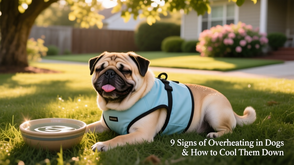 Brachycephalic dog resting in shaded grass with cooling vest and nearby bowl of water