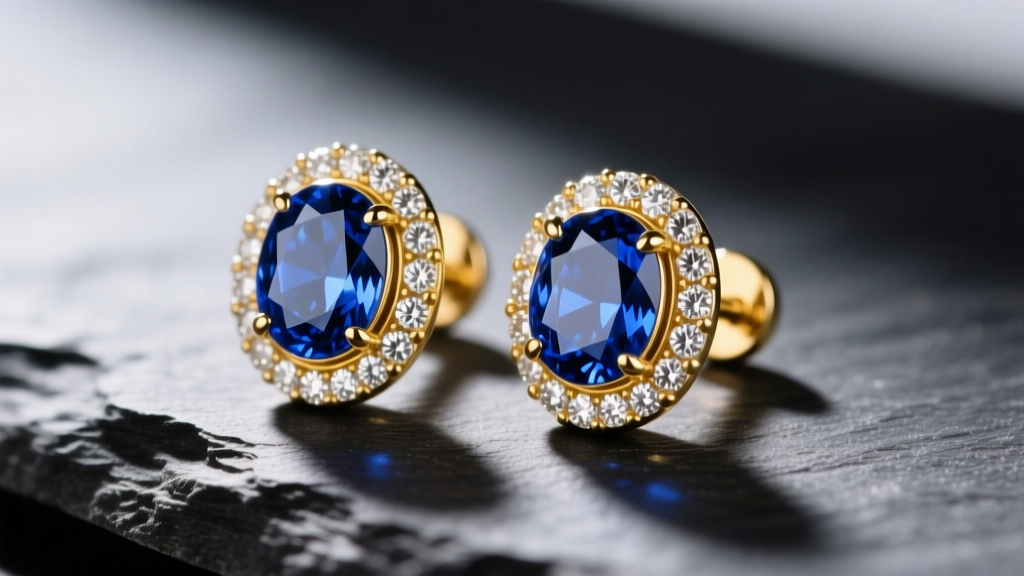 Macro shot of 14k yellow gold stud earrings with oval-cut blue sapphires and a subtle diamond halo, resting on dark slate.