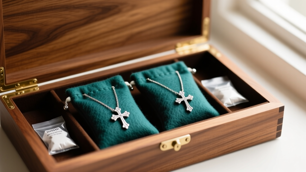 Anti-tarnish flannel pouches storing separated double cross necklaces inside a cedar wood jewelry box alongside silica gel packets.