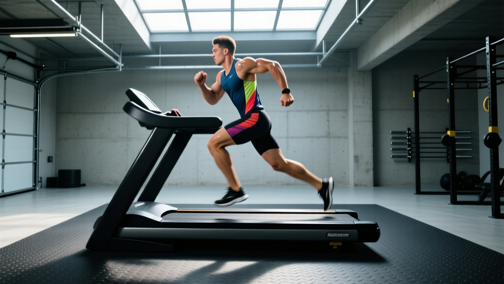 Athlete performing a maximal effort sprint on a black slatted curved treadmill inside a garage gym with rubber flooring