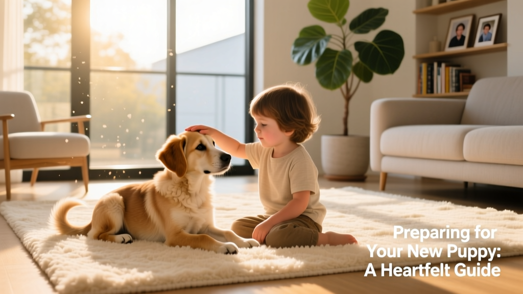 A child gently petting a calm, seated puppy on a soft rug in a sunlit living room