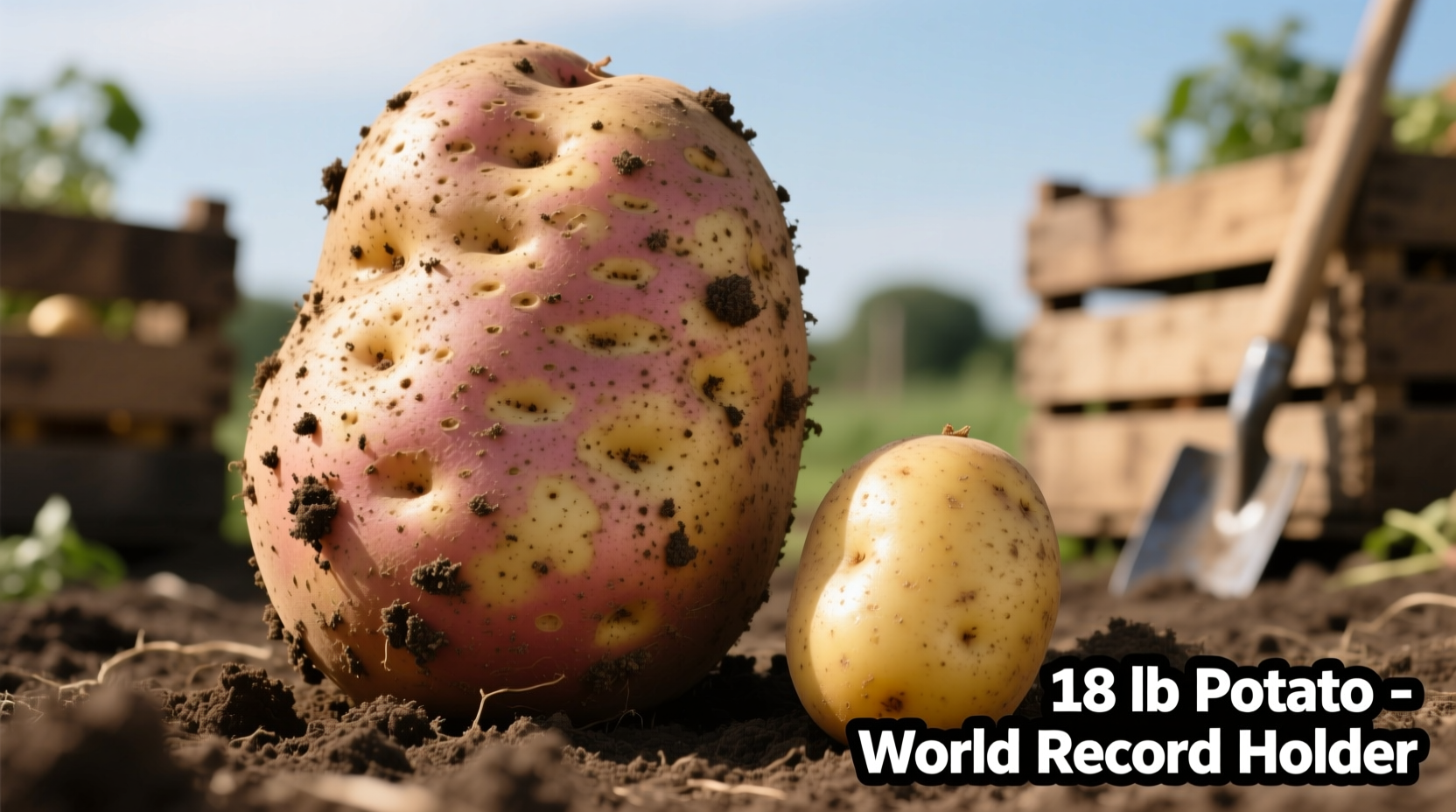 Close-up of record-breaking 18-pound potato next to standard potato