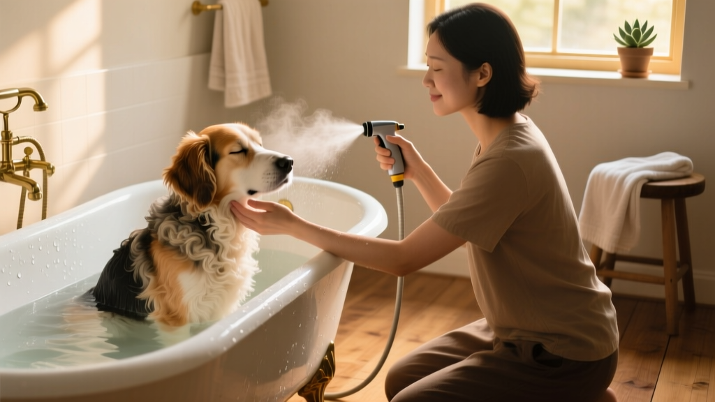 A dog sitting calmly in a bathtub, being rinsed with a handheld sprayer while a person gently supports their chin