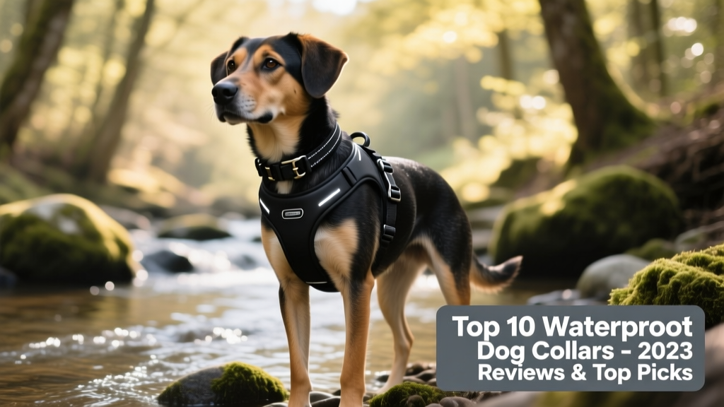 A dog wearing a sleek, modern waterproof training collar while standing confidently beside a shallow stream