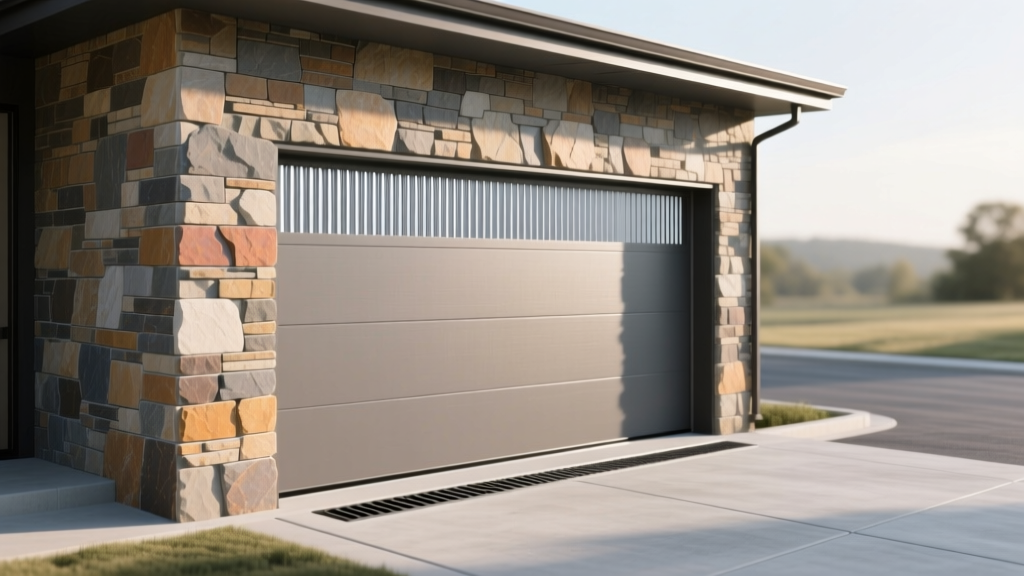 Stone veneer applied to garage exterior wall showing galvanized lath substrate and weep screed flashing near a concrete driveway surface