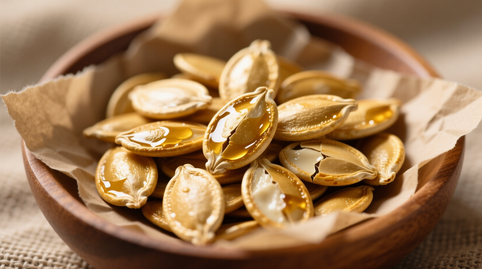 Golden roasted pumpkin seeds on parchment paper