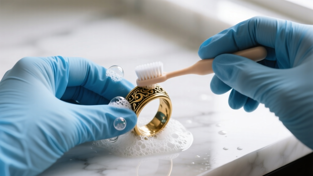 Hands in blue nitrile gloves gently scrubbing a brass-based costume ring with an ultra-soft baby toothbrush and mild soapy suds.