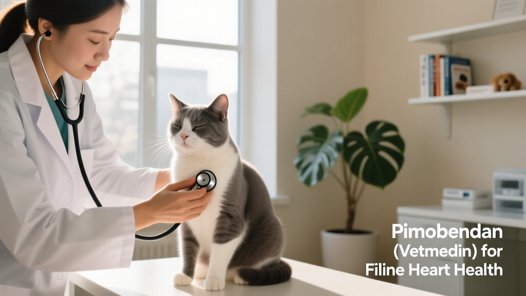 Veterinarian gently examining a calm cat’s chest with a stethoscope during a routine wellness check