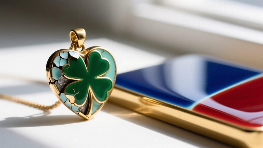 Close-up of peeling cold epoxy enamel on a brass heart clover pendant beside pristine vitreous enamel fired on a solid 14k gold base.