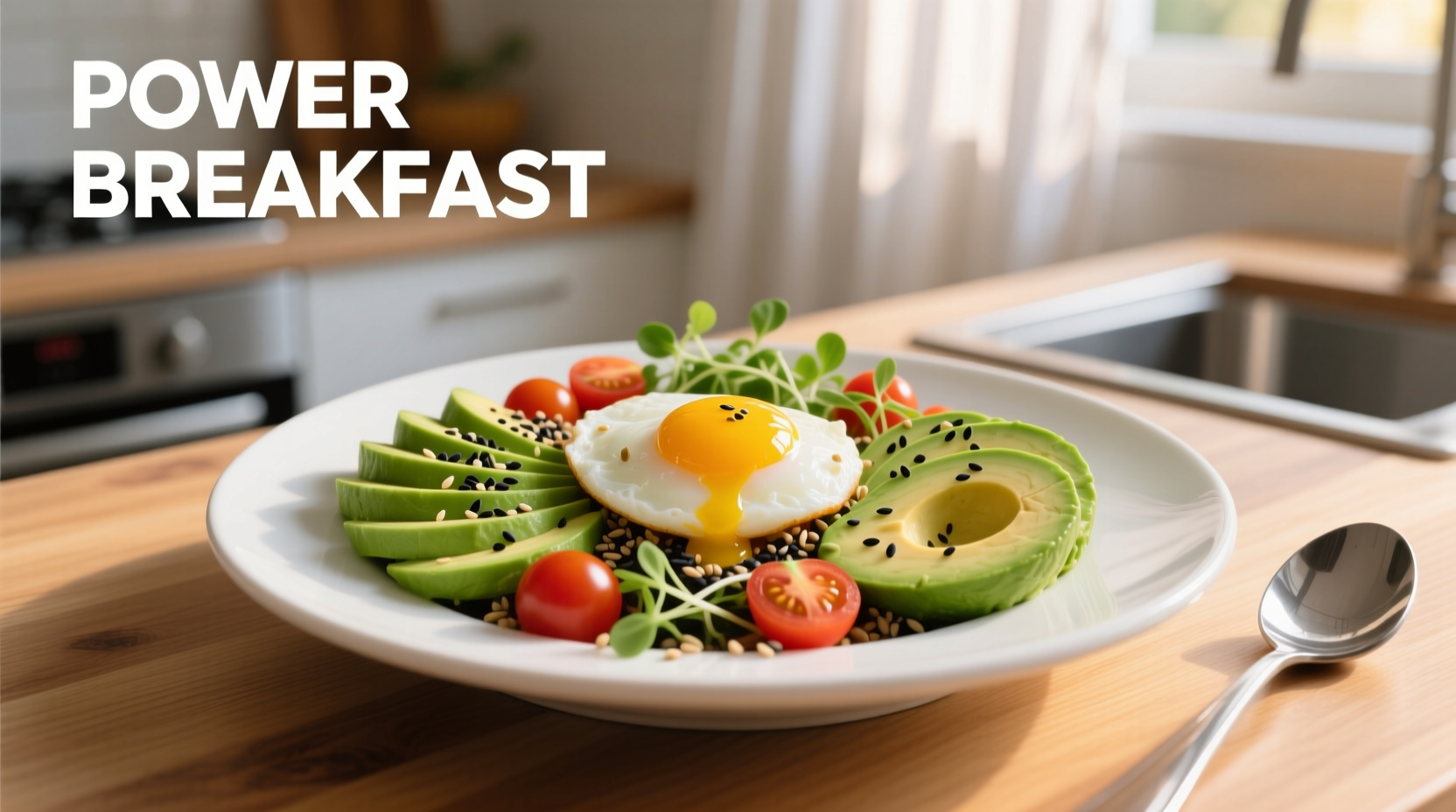 Colorful high-protein breakfast bowl with eggs and avocado