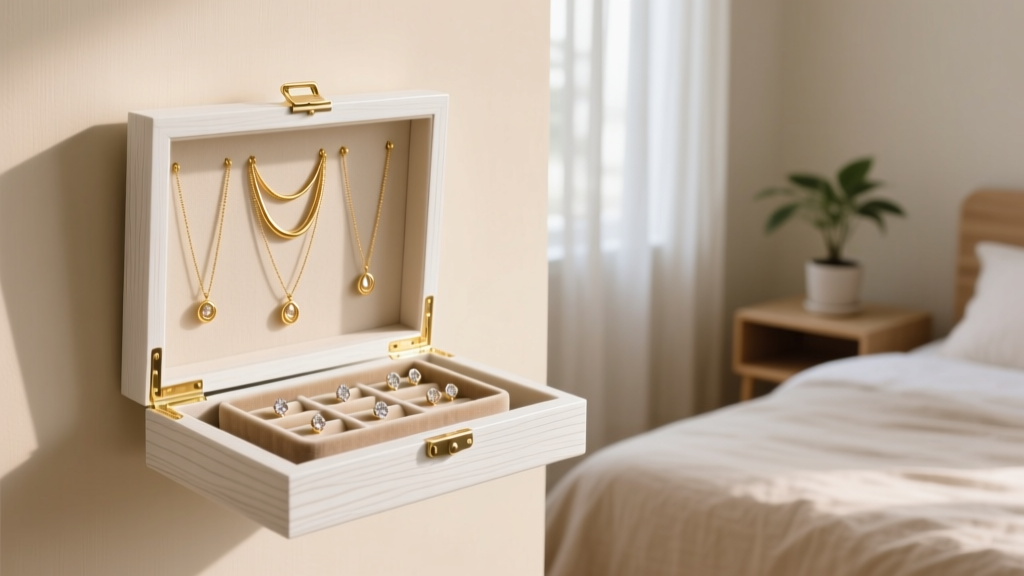 White wooden wall jewelry box mounted on a beige bedroom wall, opened to reveal neatly hung gold necklaces and stud earrings.