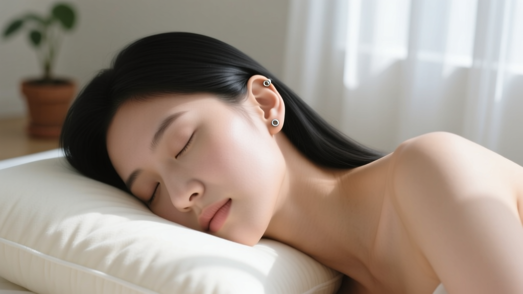 Side view of a woman sleeping on a pillow, wearing small flat back stud earrings securely in her upper lobe and helix piercings