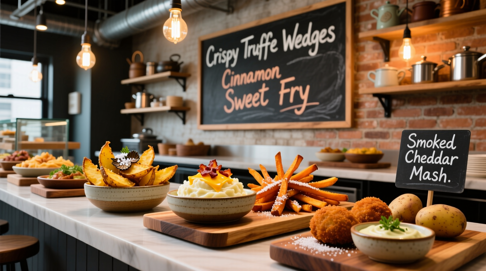 Variety of potato dishes at a modern potato bar