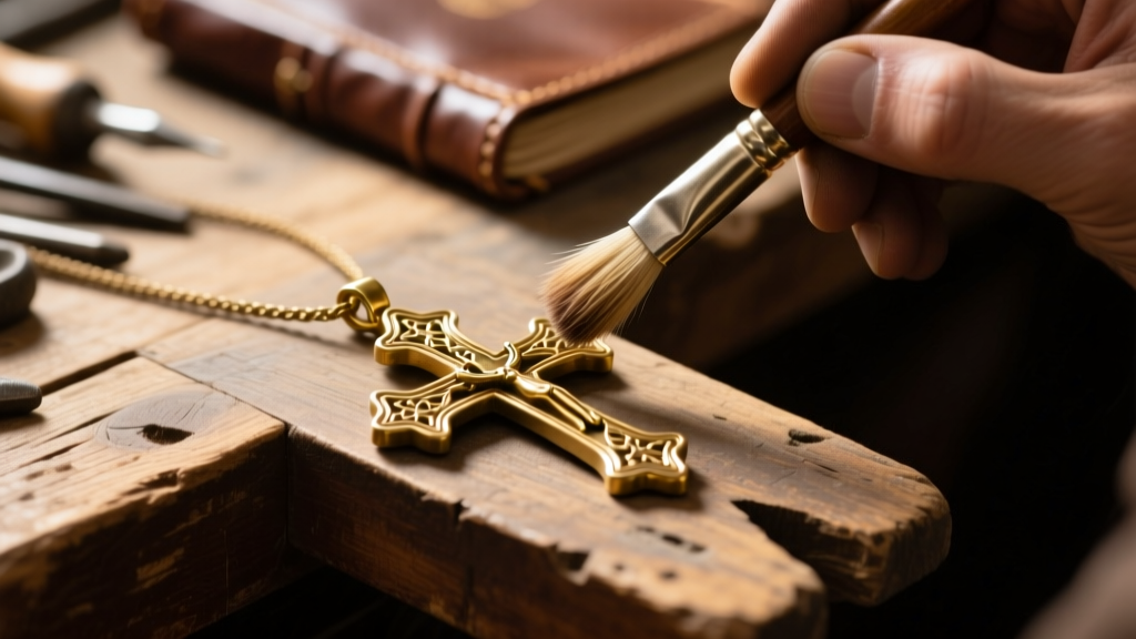 Macro view of a jeweler polishing deep crevices of a vintage brass cross pendant with a soft brush on a wooden workbench