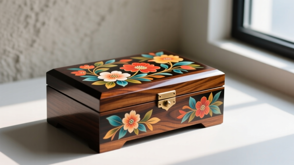 Painted wood jewelry box with a matte water-based polyurethane finish, showing hand-painted floral motifs on the closed lid.