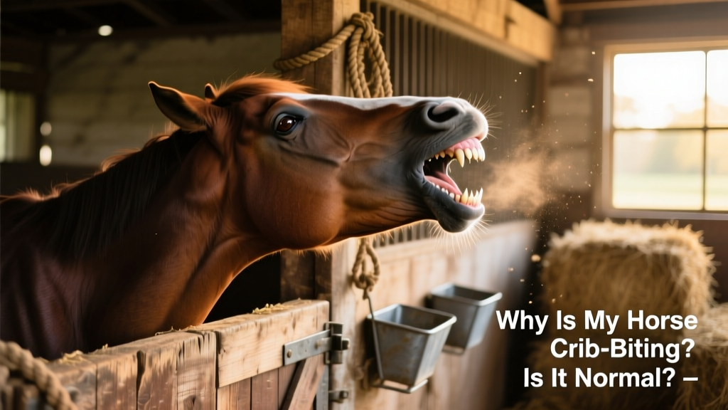 A horse crib-biting: teeth clamped on a wooden stall door, neck arched, head tilted back as it gulps air