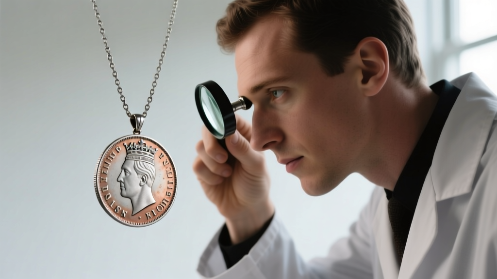 A jeweler using a loupe to inspect the mint mark and silver hallmarks on a vintage British florin coin necklace pendant.