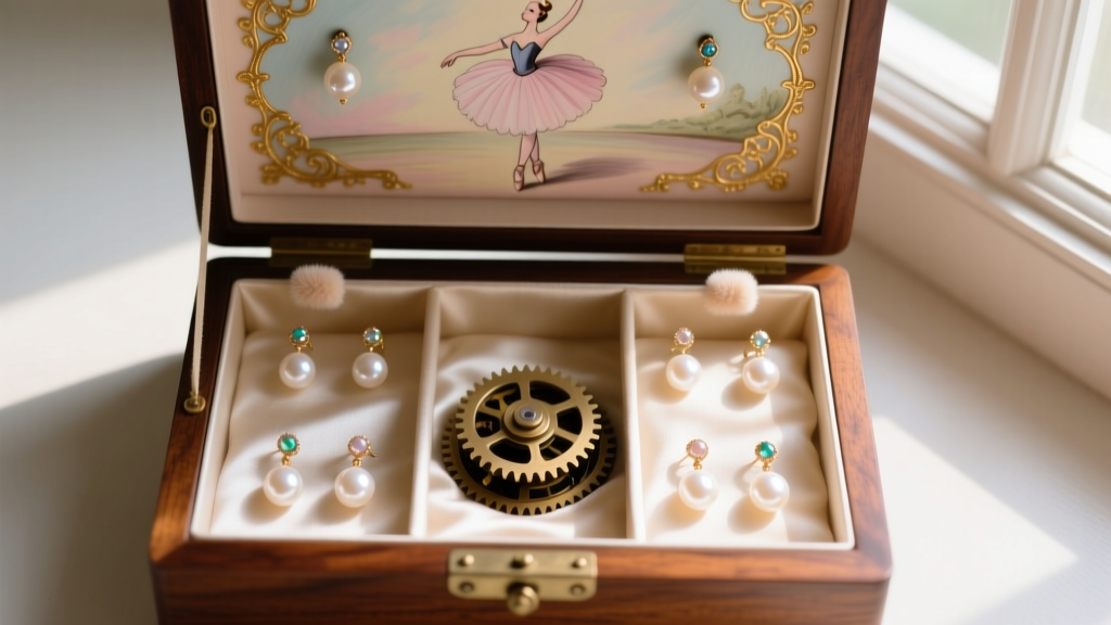 Top-down view of a restored ballerina jewelry box interior organized with lightweight pearl earrings, avoiding the central gear