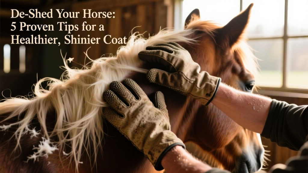 Close-up of hands using grooming gloves on a horse's neck during spring shedding season