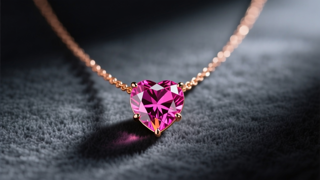Rose gold necklace with a 2-carat fancy vivid pink diamond heart pendant resting on dark grey velvet under soft studio lighting