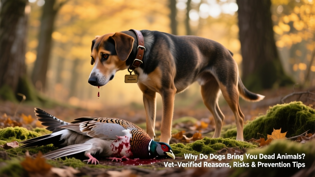 Hunting-dog-and-its-trophy-wild-killed-bird-on-ground
