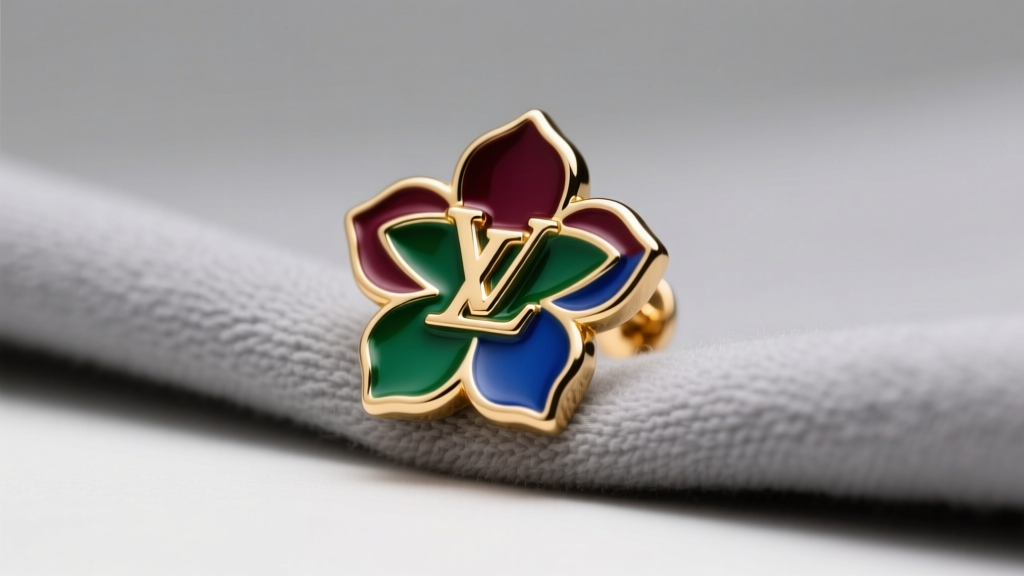 Close-up of gold-tone Louis Vuitton enamel Monogram Flower earring resting on grey microfiber cloth under soft studio lighting.