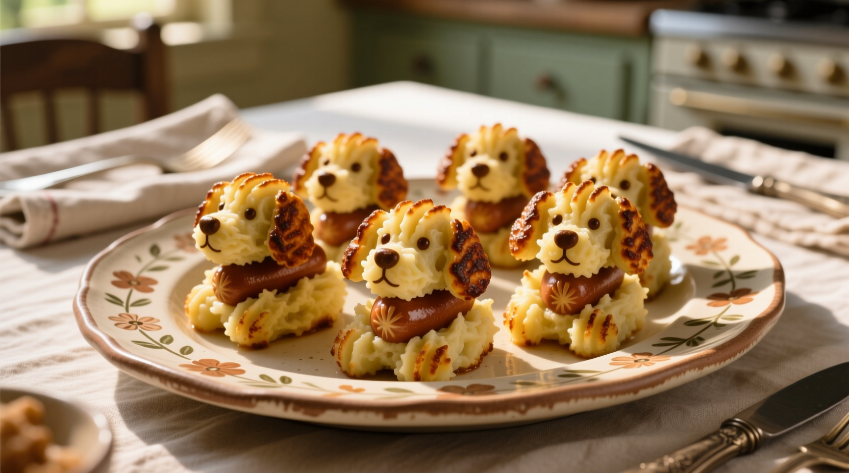 Golden brown mashed potato dogs on serving platter