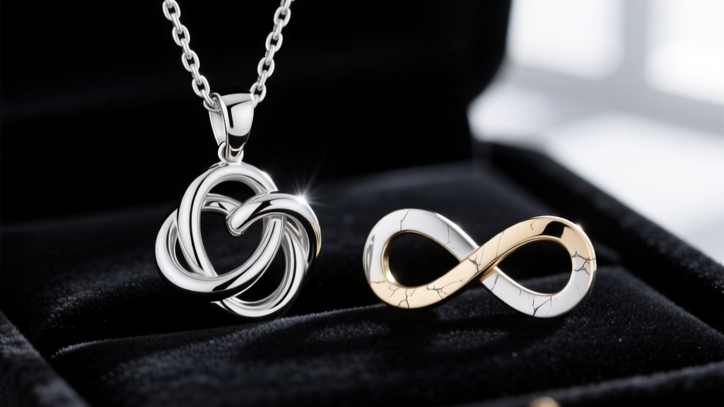 Macro shot of a platinum 950 eternal love knot pendant next to a scratched 14k white gold infinity symbol on velvet