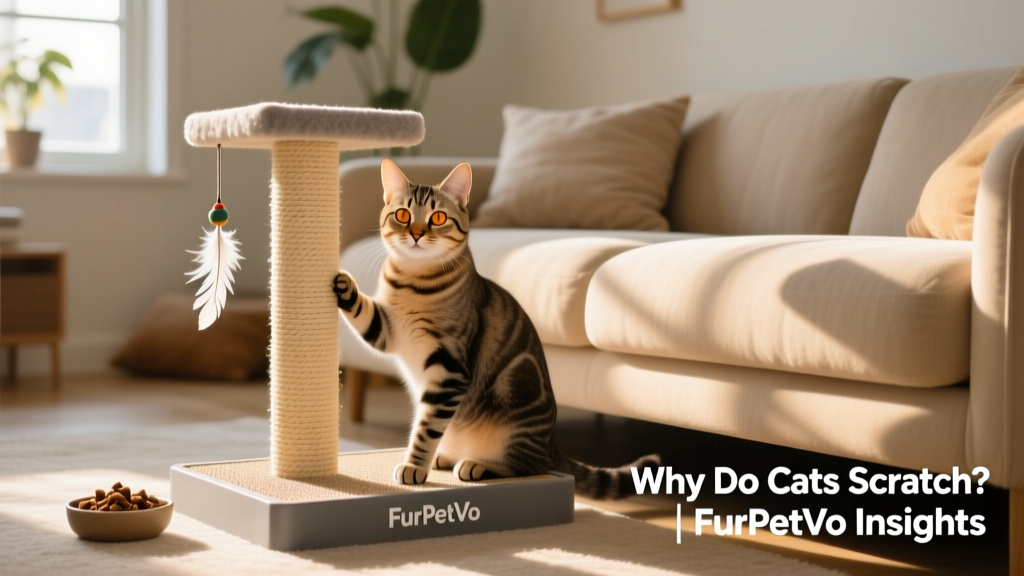 Cat calmly using a FurPetVo-approved scratching post beside a sofa, with treats nearby and a toy dangling from the post