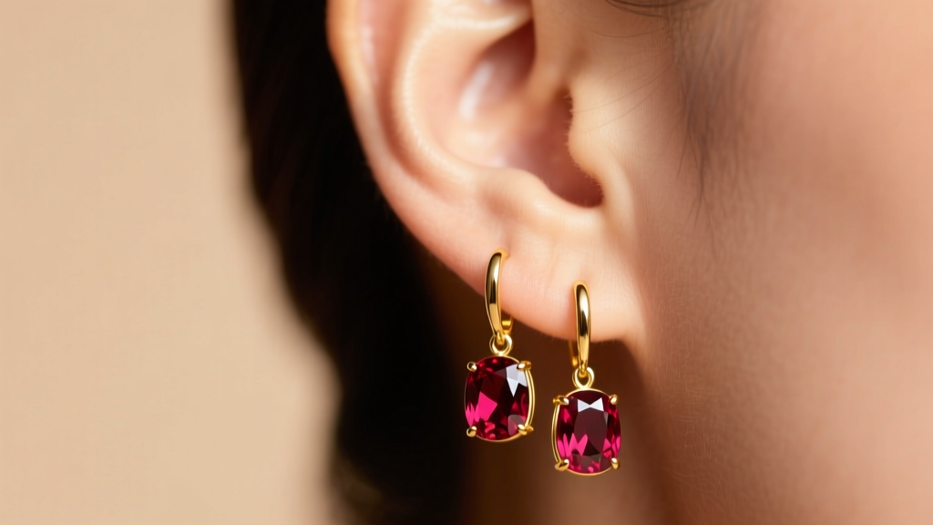 Macro shot of an ear wearing 18k yellow gold drop earrings with faceted Mozambique garnets against a soft, warm studio backdrop.