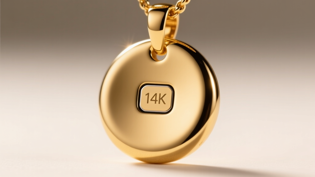 Macro shot of a 14k gold disc pendant with an invisible NFC chip embedded under the polished surface, lit by warm studio lighting.
