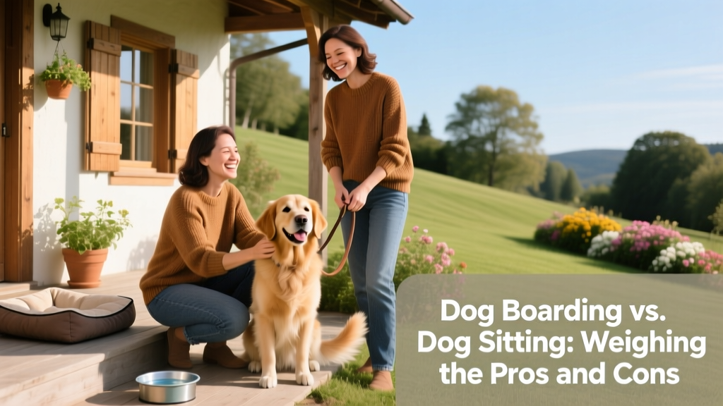 Two friendly, professional pet sitters smiling beside a happy, leashed dog outside a cozy home