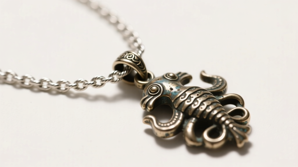 A 1.2mm sterling silver cable chain threaded through a heavy base-metal vintage sea monkey pendant highlighting the size contrast