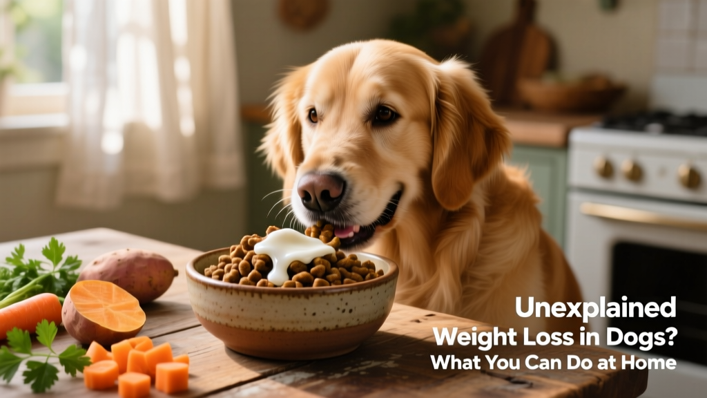 Dog happily eating from a clean ceramic bowl with fresh food and coconut oil drizzled over kibble