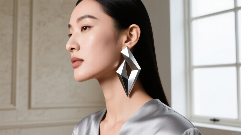 Side profile of a woman wearing a geometric titanium ear jacket earring, showing how it rests gently against the jawline and neck.