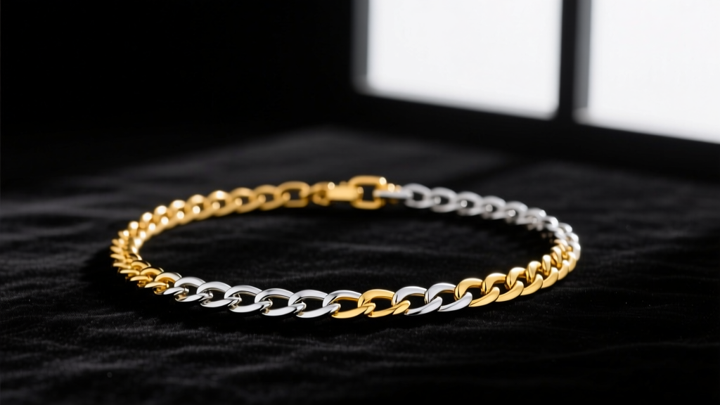 Elegant flat lay of a 14k yellow gold and sterling silver two-tone chain necklace resting on dark velvet, soft studio lighting.
