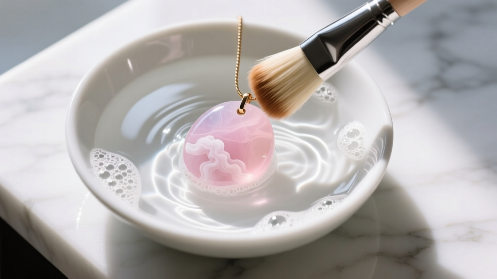 Top-down view of a soft brush cleaning a cloudy rose quartz pendant in a bowl of soapy water on a white marble countertop
