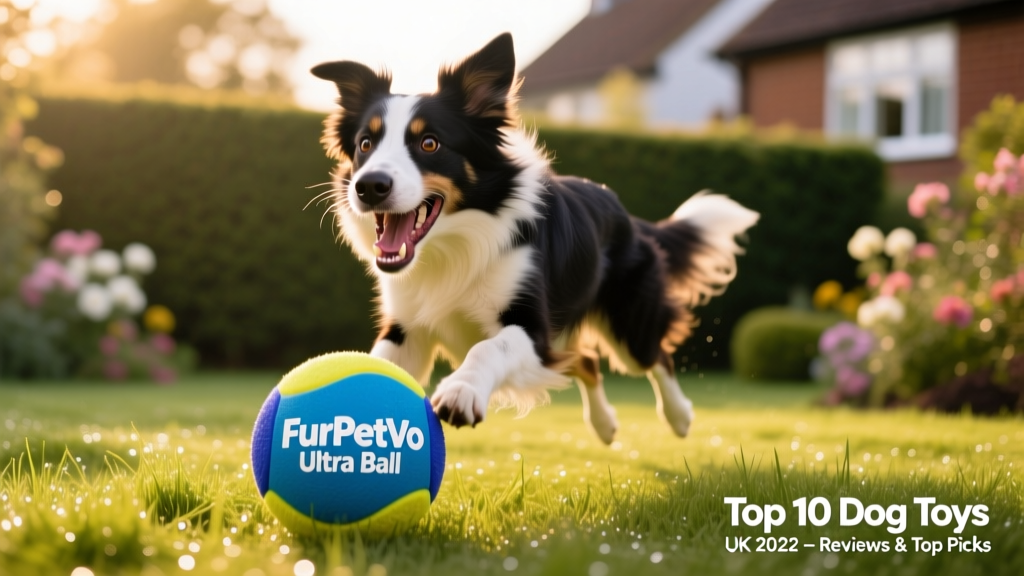A happy border collie retrieving a FurPetVo Ultra Ball from a garden lawn, mid-leap
