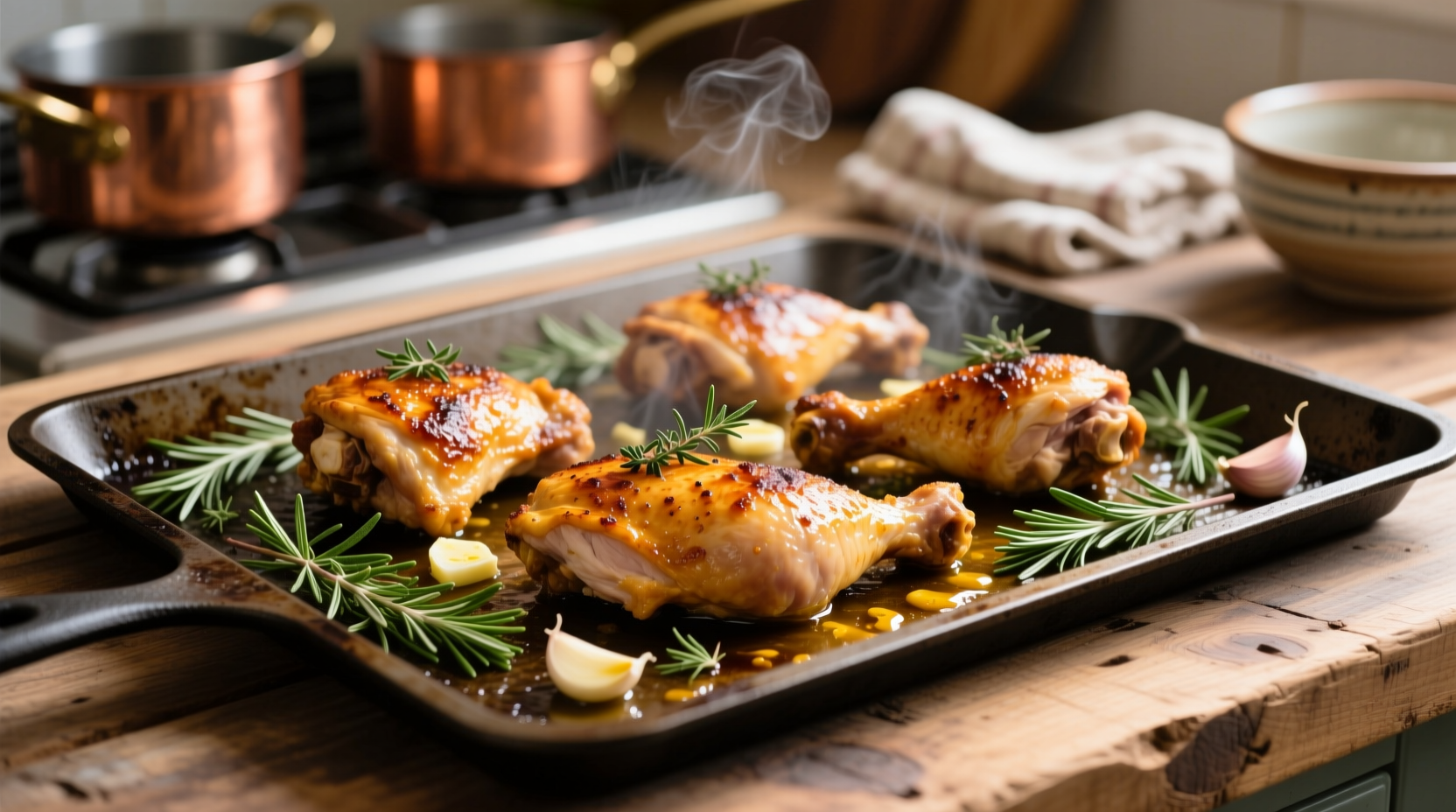 Golden brown chicken thighs on baking sheet with herbs