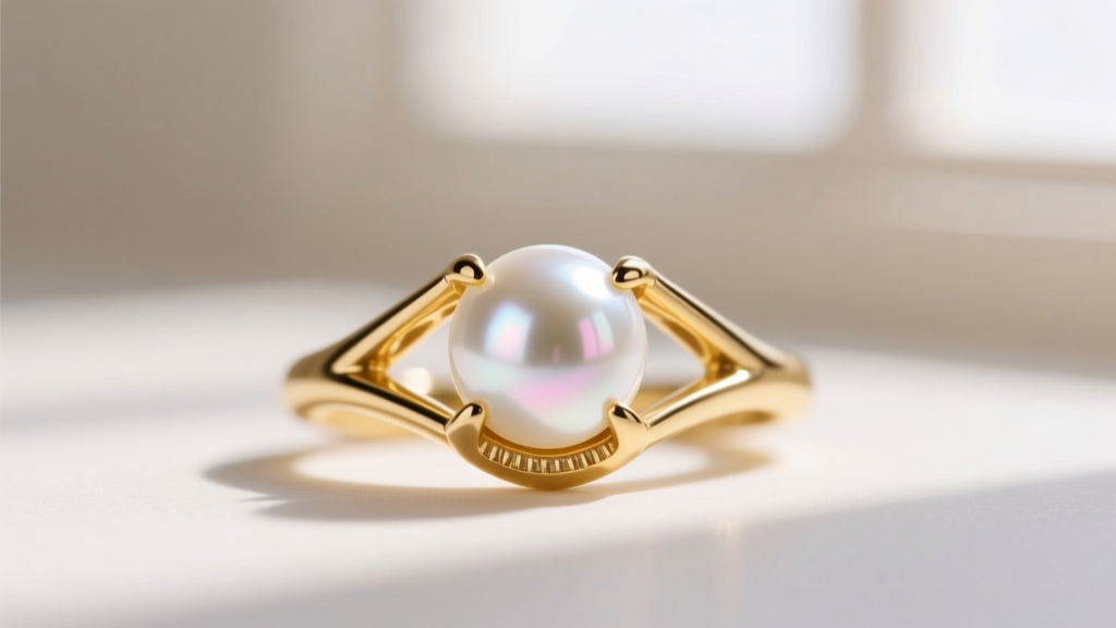 Macro shot of an 18k yellow gold three-prong martini claw setting securely holding a lustrous white Akoya pearl stud earring.