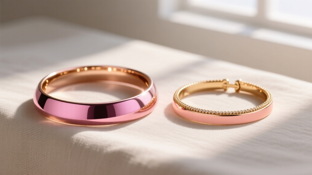 18k deep pink rose gold choker beside a 14k peach gold choker on neutral linen, illuminated by bright, soft natural window light.