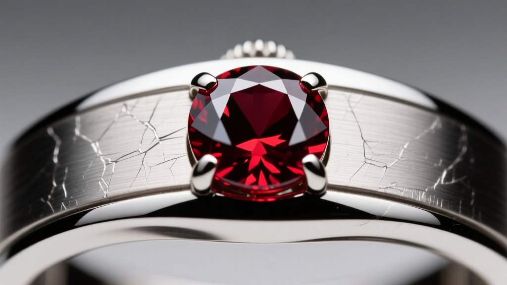 Macro photography showing micro-scratches on a silver bezel setting holding a deep red garnet mens birthstone gemstone, studio lit.