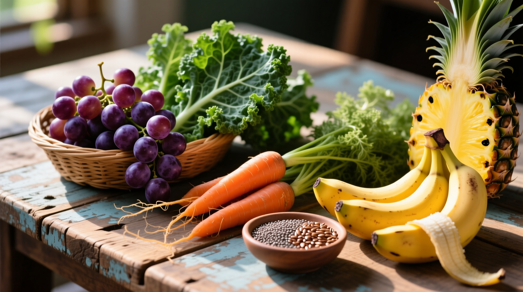 Colorful high-fiber foods on wooden table