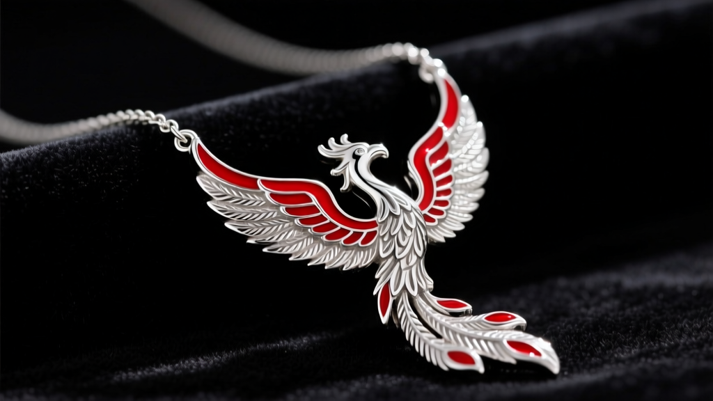 Close-up of a sterling silver and red enamel phoenix pendant necklace on dark velvet, illuminated by dramatic studio lighting.