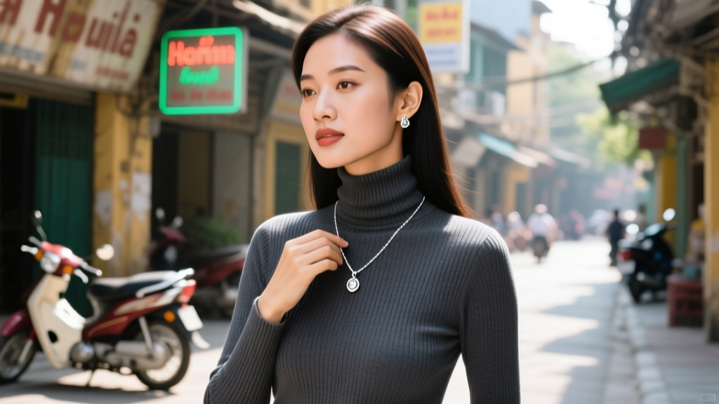 Woman in Hanoi streetwear styling an ear necklace with a high-neck ribbed turtleneck, highlighting a tension-free chain drape.