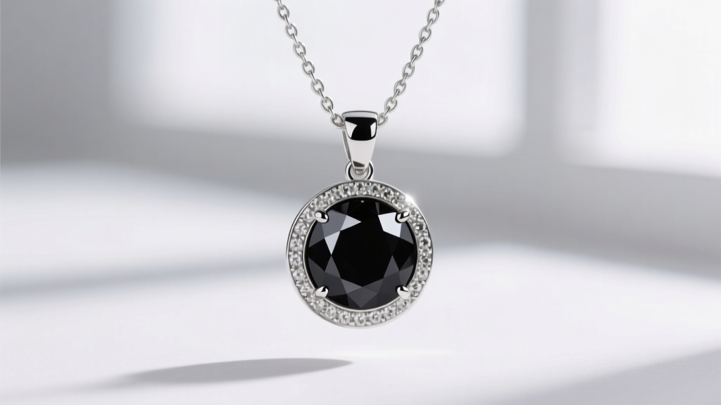 Close-up of a bezel-set black diamond pendant on a 925 sterling silver chain, showing the highly polished rhodium metal finish