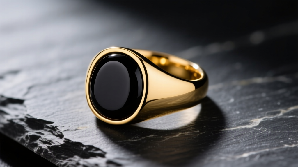 Macro shot of an 18k yellow gold signet ring with a polished black onyx stone, resting on dark slate under dramatic lighting.