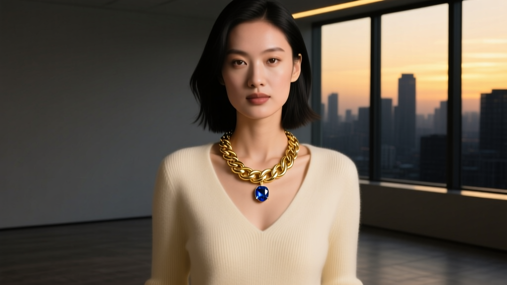 Woman in a V-neck sweater wearing a 16-inch 18k gold snake chain and 6mm sapphire pendant, illuminated by moody evening lighting.