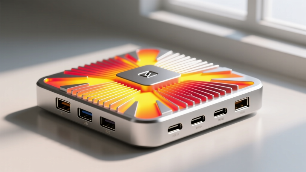 Thermal imaging camera view of a multi-port USB-C adapter showing heat dissipation patterns in bright yellow and red across the aluminum chassis fins.