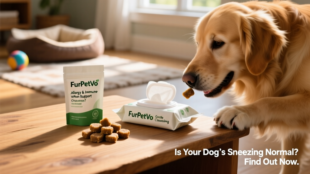 Two products on a clean wooden surface: FurPetVo Allergy & Immune Support Chews and FurPetVo Gentle Facial Cleansing Wipes